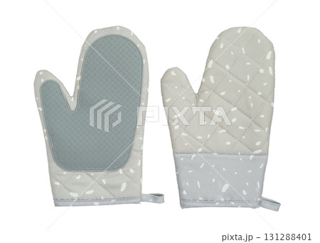 Top and bottom view of light gray textile with white dot cooking gloves for heat protection Isolated on white background with clipping path. 131288401