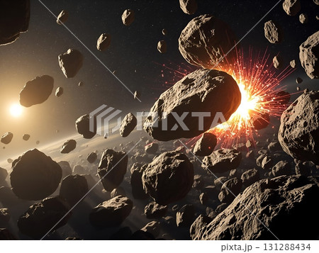 Asteroid Collision in Space: A Dramatic Celestial Event Asteroid Collision in Space: A Dramatic Celestial Event 131288434