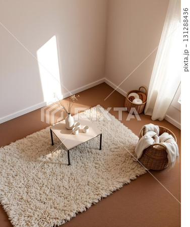 Minimalist Interior with a Fluffy Rug, a Coffee Table, and Baskets in a Cozy Room 131288436