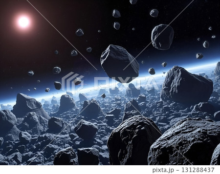 Asteroid Field Above a Planetary Surface, Space Scene Asteroid Field Above a Planetary Surface, Space Scene 131288437