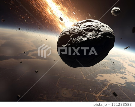 Impending Doom: Asteroid Threat Over Futuristic Cityscape 131288588