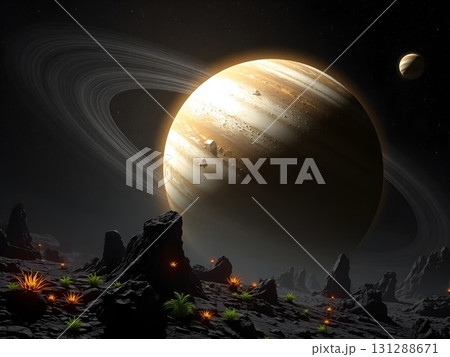 Ringed Giant Above Alien Landscape: A Cosmic Vista Ringed Giant Above Alien Landscape: A Cosmic Vista 131288671