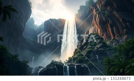 Majestic Waterfall Cascades Through Dramatic Canyon Landscape 131288673