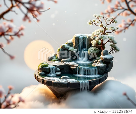 Serene Miniature Waterfall Landscape Amidst Winter's Gentle Embrace 131288674