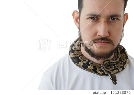 A man with a snake around his neck. White background. Snake around a man's neck. 131288876