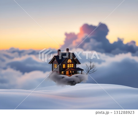 Dreamy Floating Cottage Amidst Ethereal Cloudscape Serenity 131288923