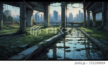 ゲーム背景　廃墟となった工場跡の用水所水がめ風景 131289004