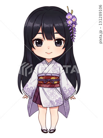 藤の花の髪飾りを付けた丈の短い紫色の着物を着た長い黒髪の笑顔の女性 131289106
