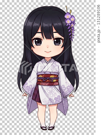 藤の花の髪飾りを付けた丈の短い紫色の着物を着た長い黒髪の笑顔の女性 131289106