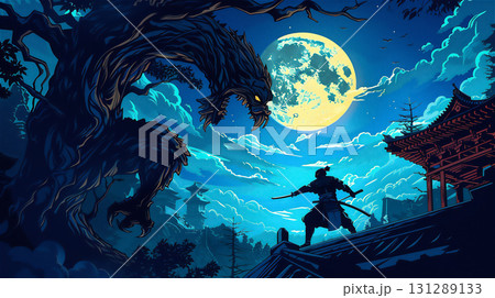 月明かりの下で戦う侍と神秘的な生物 月明かりの下で戦う侍と神秘的な生物 131289133