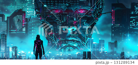 未来都市とサイボーグの対峙を描いたサイエンスフィクションアート 未来都市とサイボーグの対峙を描いたサイエンスフィクションアート 131289134