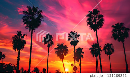 Silhouette of palm trees on sunset sky background - Vintage Filter	 131289231