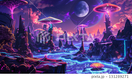 幻想的な宇宙の風景と光る植物 131289271