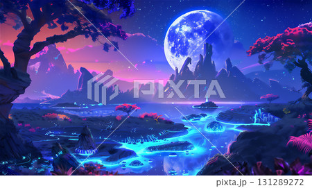 幻想的な夜の風景と青い月の光 131289272