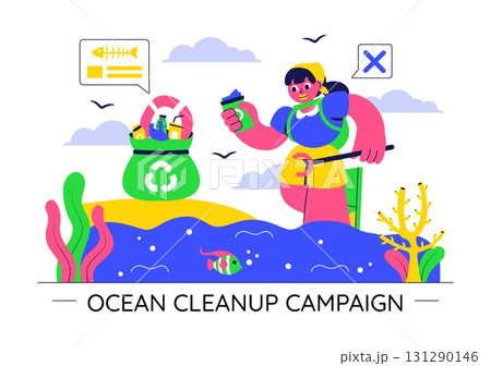 Ocean Cleanup Campaign Illustration Featuring Cleaning the Sea Beach from Trash and Garbage to Restore Nature and Promote Environmental Awareness Ocean Cleanup Campaign Illustration Featuring Cleaning the Sea Beach from Trash and Garbage to Restore Nature and Promote Environmental Awareness 131290146
