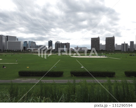 曇天の河川敷公園：広大な芝生と高層マンション群の景色 131290594