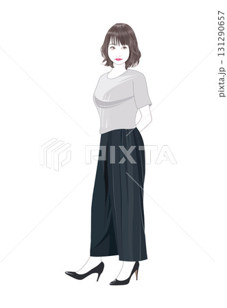 横目でちらっと見る若い女性立ち姿イラスト 131290657