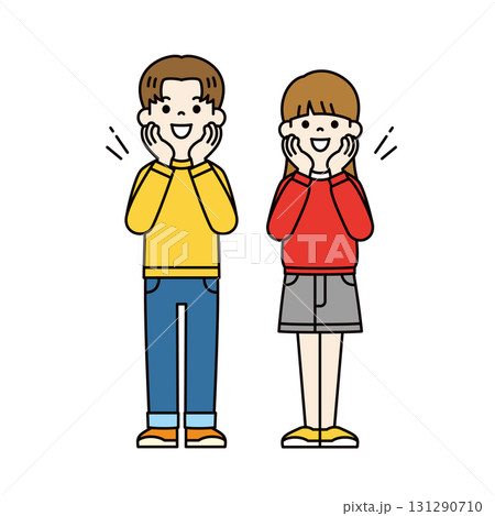 目を輝かせて興奮する、若い男性と女性の全身ベクターイラスト素材＿カラー 131290710