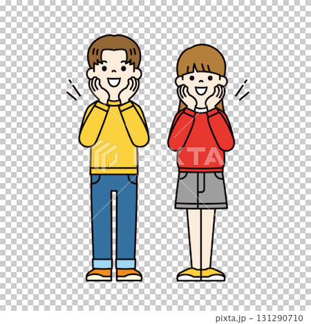 目を輝かせて興奮する、若い男性と女性の全身ベクターイラスト素材＿カラー 131290710