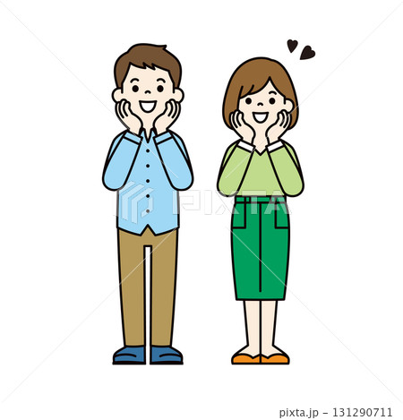 嬉しそうな表情でワクワクしている、若い男性と女性の全身ベクターイラスト素材＿カラー 131290711