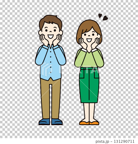 嬉しそうな表情でワクワクしている、若い男性と女性の全身ベクターイラスト素材＿カラー 131290711