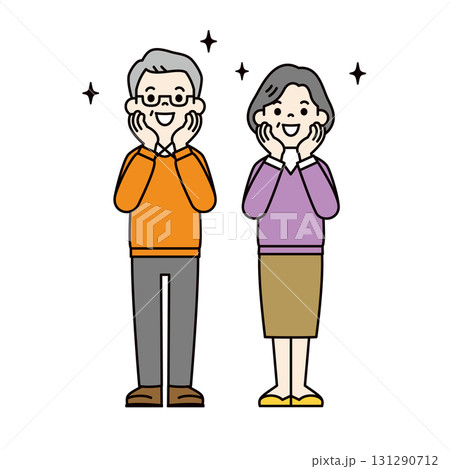 頬に手を当ててワクワクする、高齢の男性と女性の全身ベクターイラスト素材_カラー 頬に手を当ててワクワクする、高齢の男性と女性の全身ベクターイラスト素材_カラー 131290712