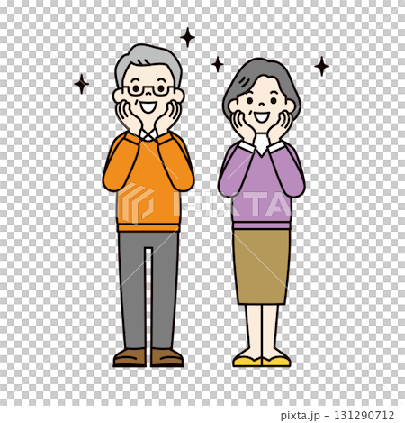 老年男女興奮地雙手放在臉頰上,全身向量插圖素材_顏色 老年男女興奮地雙手放在臉頰上,全身向量插圖素材_顏色 131290712