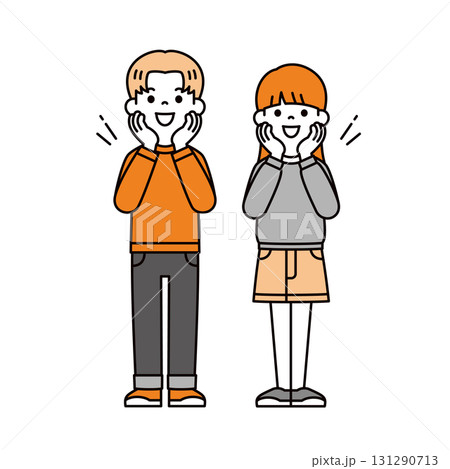 目を輝かせて期待する、10代・20代の男女のシンプルな全身ベクターイラスト素材 目を輝かせて期待する、10代・20代の男女のシンプルな全身ベクターイラスト素材 131290713