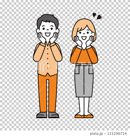 一個簡單的全身向量插圖,描繪了 20 多歲和 30 多歲的男性和女性,他們看起來興奮而快樂 一個簡單的全身向量插圖,描繪了 20 多歲和 30 多歲的男性和女性,他們看起來興奮而快樂 131290714