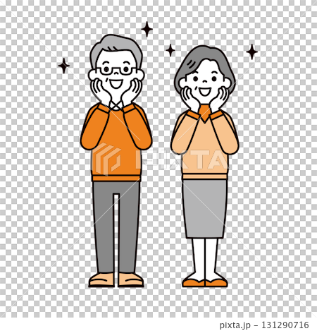 一對 60 多歲和 70 多歲的夫婦的簡單全身向量插圖，他們的手被觸摸在臉頰上 131290716