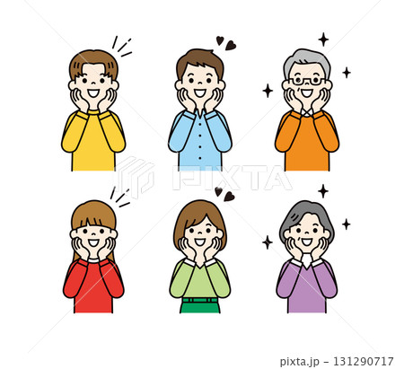 笑顔でワクワクする、様々な世代の男性と女性の上半身ベクターイラスト素材＿カラー 131290717