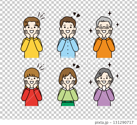 笑顔でワクワクする、様々な世代の男性と女性の上半身ベクターイラスト素材＿カラー 131290717