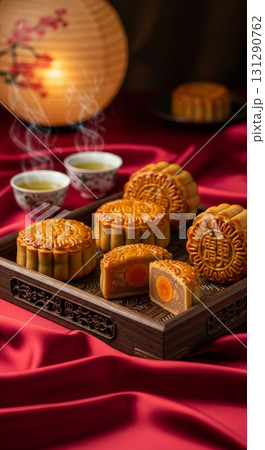 Festive Traditional Mooncake Arrangement with Tea and Lantern Celebration Setting Festive Traditional Mooncake Arrangement with Tea and Lantern Celebration Setting 131290762