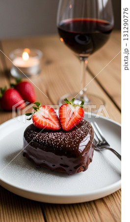 Elegant Heart Shape Chocolate Cake with Strawberry and Red Wine Still Life Elegant Heart Shape Chocolate Cake with Strawberry and Red Wine Still Life 131290776