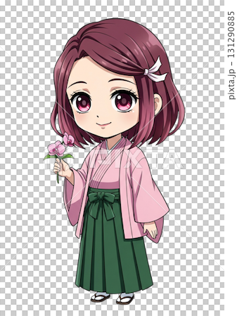 A smiling woman reminiscent of a purple orchid (wearing a kimono and holding a purple orchid) A smiling woman reminiscent of a purple orchid (wearing a kimono and holding a purple orchid) 131290885