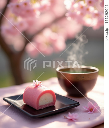 Elegant Still Life Wagashi Sweet Dessert with Cherry Blossom and Tea 131292041