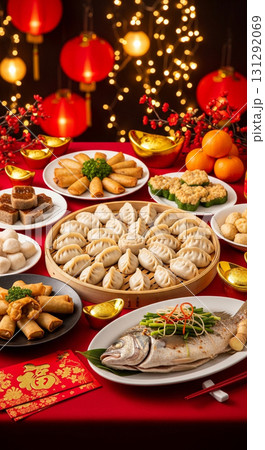 Traditional Festive Chinese New Year Reunion Dinner Table Setting 131292069