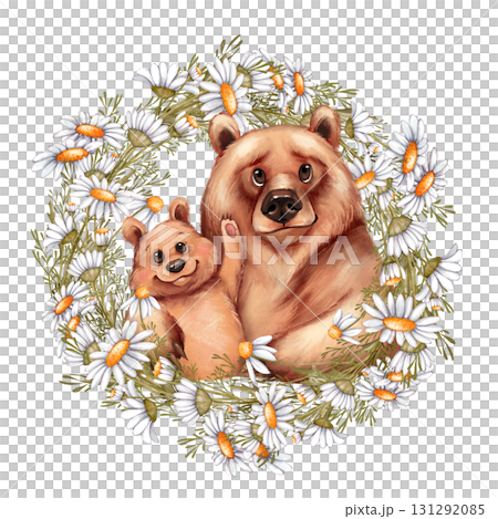 Hand-drawn illustration of cute adult bear and cub surrounded by cheerful daisies. 131292085
