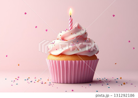 Cupcake with pink frosting candle and sprinkles on pastel background Cupcake with pink frosting candle and sprinkles on pastel background 131292186