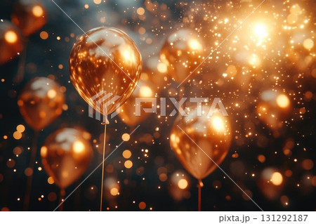 Golden balloons glowing with sparkling festive lights in dark background 131292187