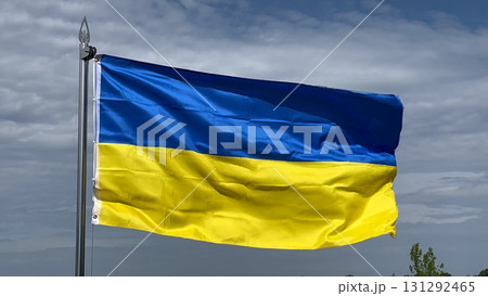 The large yellow and blue flag of Ukraine flies against the background of a sky 131292465