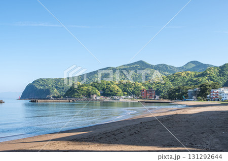 Jogasaki Coast at Ito Shizuoka Japan, Calm beach with green mountains and clear sky in coastal town Jogasaki Coast at Ito Shizuoka Japan, Calm beach with green mountains and clear sky in coastal town 131292644