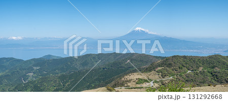 Panorama view from Darumayama mountain at Namazu, Shizuoka, Japan, Scenic view of Mount Fuji with surrounding hills and clear blue sky 131292668