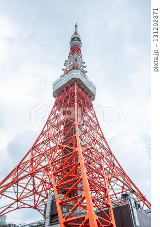 Tokyo Tower viewed from below on a cloudy day in Japan at Tokyo, Japan Tokyo Tower viewed from below on a cloudy day in Japan at Tokyo, Japan 131292871