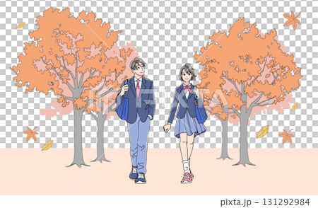 秋季，男女學生沿著綠樹成蔭的小徑散步 131292984