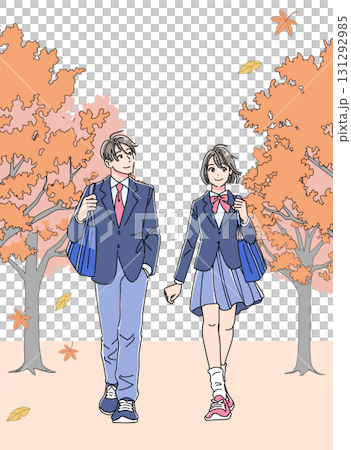 秋の並木道を歩く制服姿の男女　縦 131292985