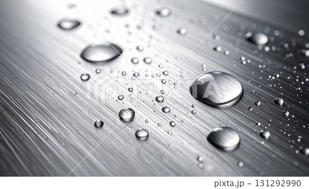 ヘアライン加工された金属表面に付着した水滴のマクロクローズアップ 131292990
