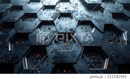 内部から光が漏れる、損傷した六角形金属パネルのSF的な背景テクスチャ 131292995