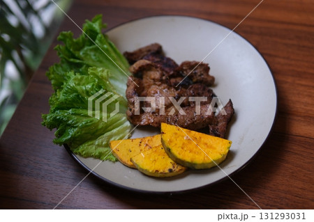 Grilled meat skewers, roasted shish kebab with onion and tomatoes, isolated on white background 131293031
