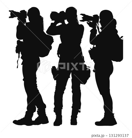 Team of Women Photographers Silhouette Vector Set. Travel and Adventure Photography Vector Icons. Team of Women Photographers Silhouette Vector Set. Travel and Adventure Photography Vector Icons. 131293137